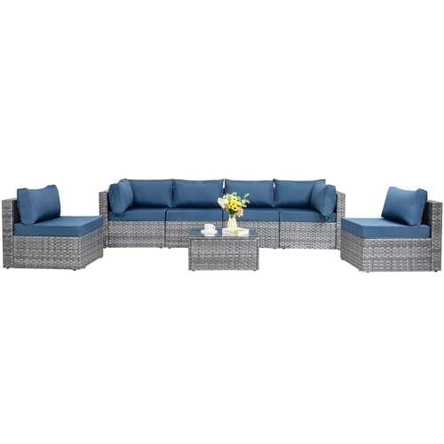 Shintenchi 7 Pieces Outdoor Patio Sectional Sofa Couch, Silver Gray PE Wicker Furniture Conversation Sets with Washable Cushions & Glass Coffee Table for Garden, Poolside, Backyard (Aegean Blue) Shintenchi 7 Pieces Outdoor Patio Sectional Sofa Couch, Silver Gray PE Wicker Furniture Conversation Sets with Washable Cushions & Glass Coffee Table for Garden, Poolside, Backyard (Aegean Blue)