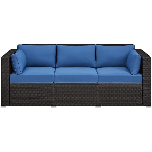 Yaheetech 3-Seat Patio Wicker Sofa, Outdoor Rattan Couch with Furniture Cover, Deep Seat High Back with Cushions & Throw Pillows for Deck/Porch/Balcony/Yard, Brown/Dark Blue