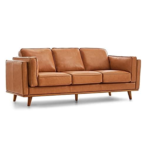 Valencia Artisan Full Leather Sofa 88” – Pure Full Italian Nappa Leather Couch, Solid Wood Accent, Ultimate Comfort, Cognac Tan